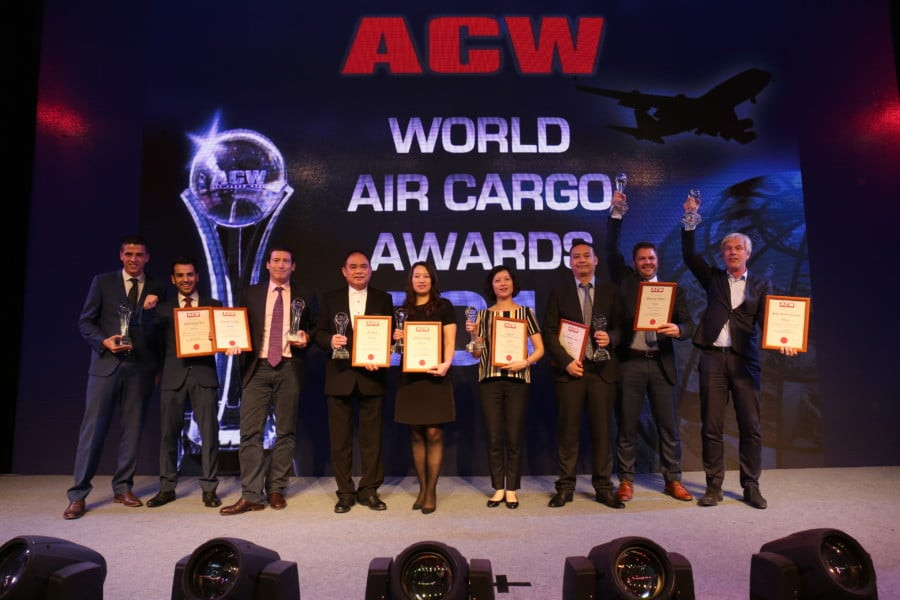 Winners hold their trophies aloft at the Air Cargo Week World Air Cargo Awards 2016 in Shanghai