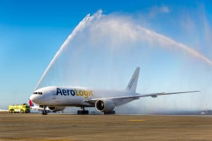 The first flight of Lufthansa Cargo, operated by Aerologic, arrives at Sea-Tac, 1 April 2016.